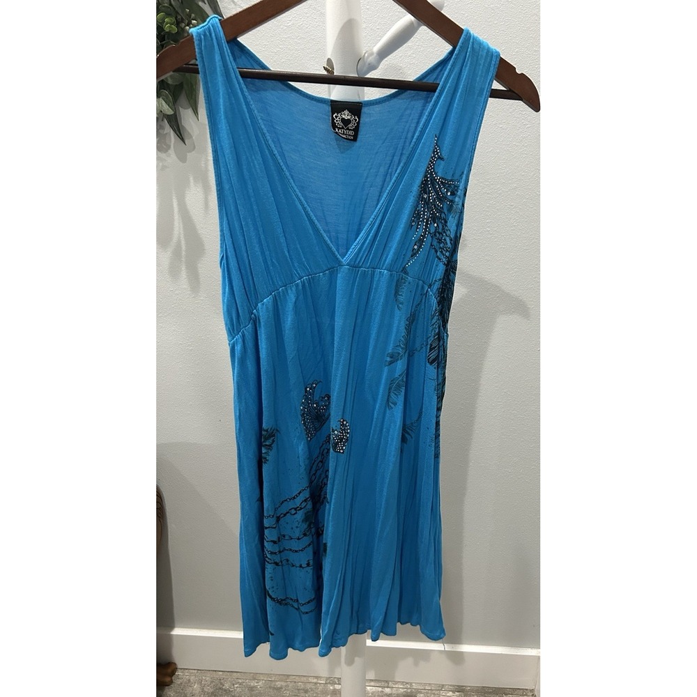 Katydid Vintage Y2K Turquoise Rhinestone Tunic Peacock V Neck Tattoo Grunge MED